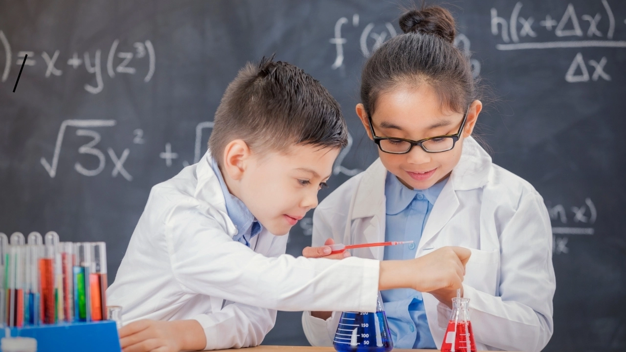 two kids doing a science experiment in white lab coats