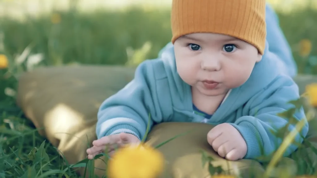 Infant laying on a blanket outside