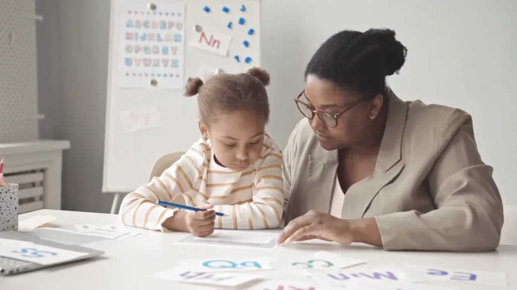 Girl learning with a teacher