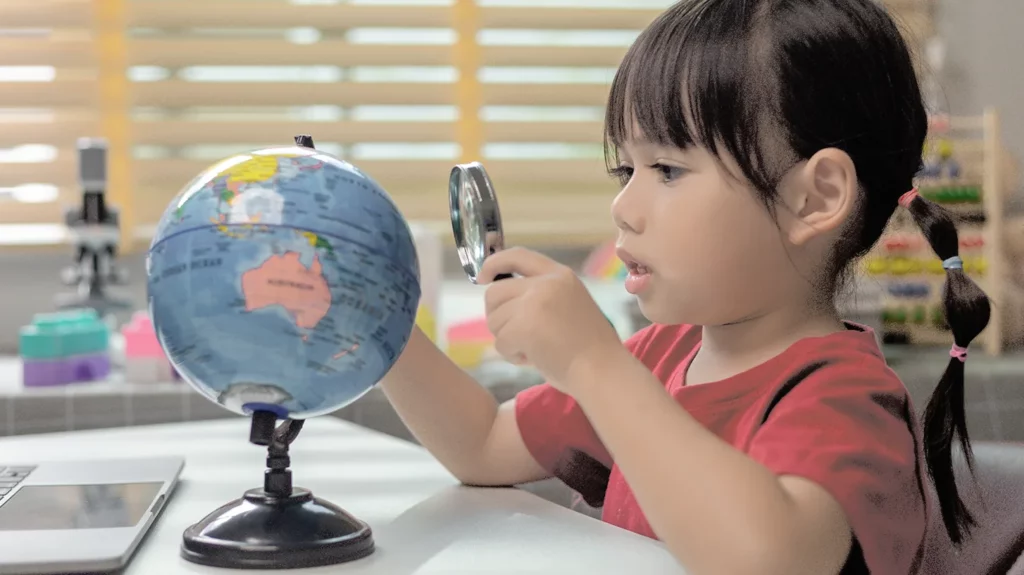 Little girl using a magnifying glass to look at a globe